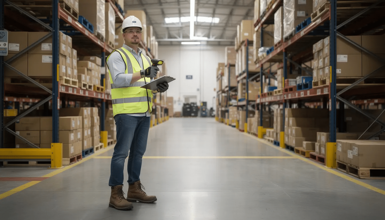 A warehouse worker wearing a safety vest and hard hat stands near tall shelving units, highlighting the importance of safety in environments prone to workplace injuries. This image represents the need for injured workers to understand workers compensation laws and seek legal guidance for their claims.