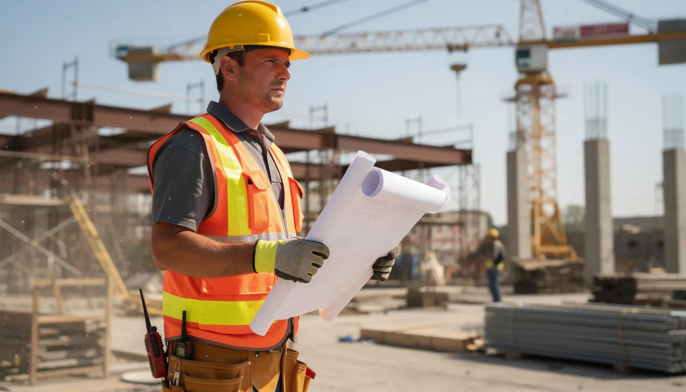 A construction worker wearing a hard hat and safety vest stands at an industrial job site, emphasizing the importance of safety in a workplace environment where injuries, such as traumatic brain injuries, can occur. This image highlights the need for injured workers to seek medical treatment and understand their rights within the workers compensation system.