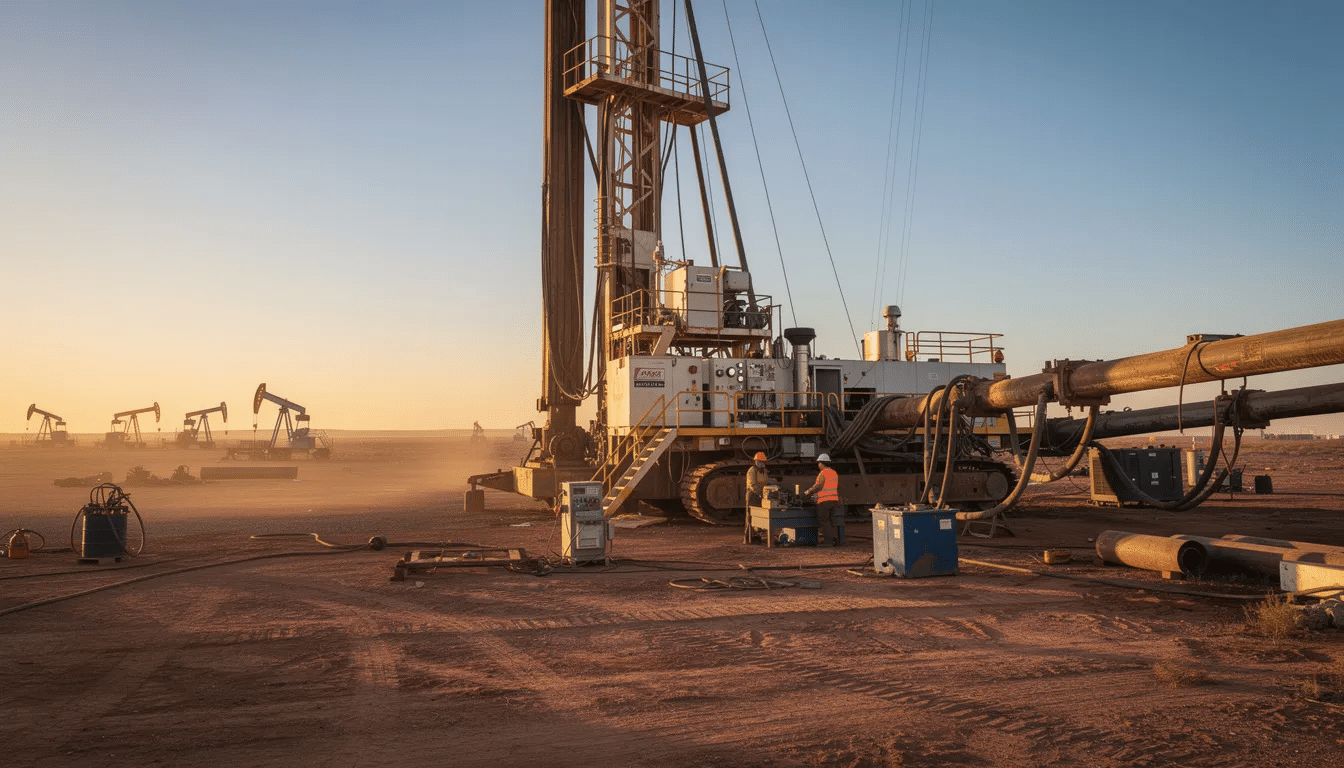 The image depicts an oil rig in the Permian Basin, showcasing large drilling equipment and workers engaged in their tasks. This scene highlights the importance of workplace safety, as oil rig operations can lead to serious injuries, making it essential for injured workers to understand their rights under workers compensation laws.