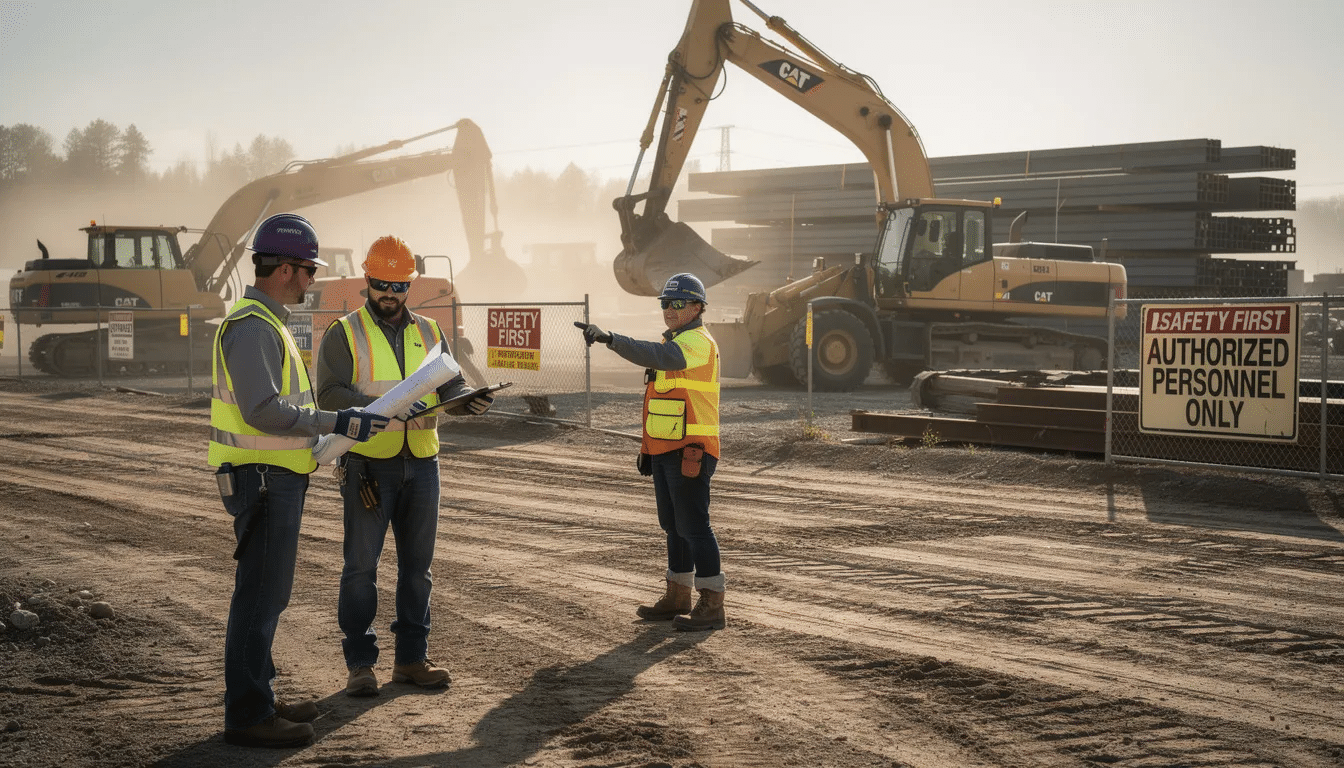 The image depicts an industrial worksite where several workers, equipped with safety gear and hard hats, are positioned near heavy machinery. This scene highlights the importance of workplace safety and the need for workers compensation in the event of workplace injuries and accidents.