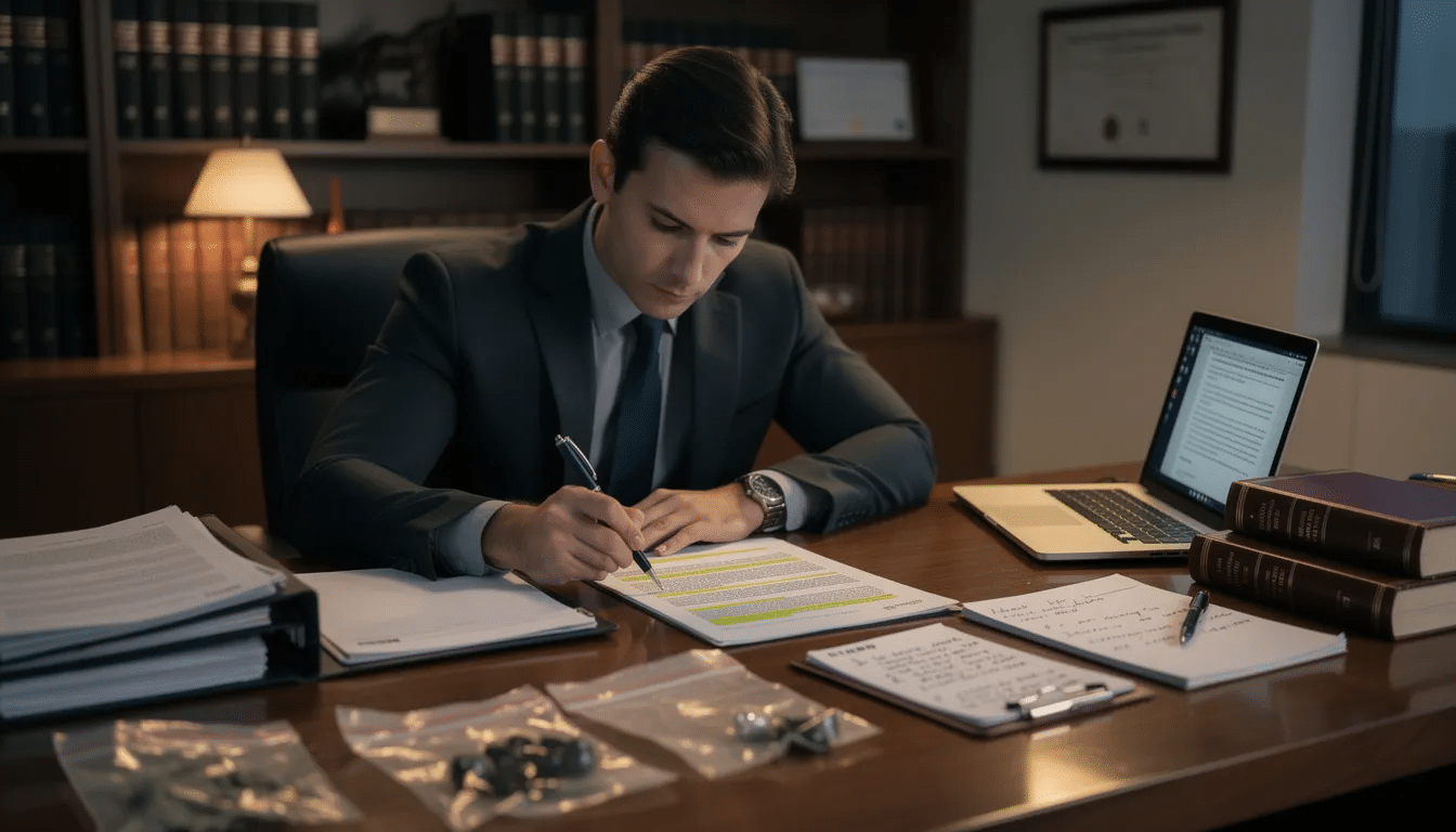 An attorney is seated at a desk, meticulously reviewing case documents and evidence related to a workplace injury. The scene conveys a sense of professionalism and focus, highlighting the attorney's role in assisting injured workers with their workers compensation claims and navigating the complexities of workers compensation laws.