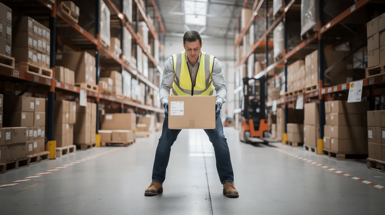 The image shows a warehouse worker demonstrating proper lifting technique while handling boxes, emphasizing the importance of workplace safety to prevent work-related injuries. This scene highlights occupational health practices that can help reduce the risk of injuries such as shoulder injuries and promote overall safety in the workplace.