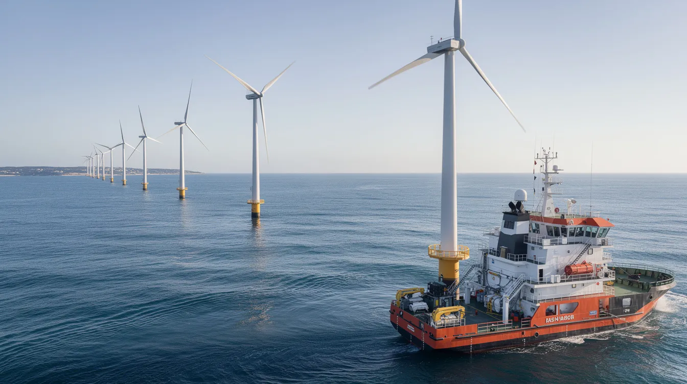 The image depicts a group of offshore wind turbines standing tall in the ocean waters, with a maintenance vessel nearby, highlighting the significance of wind energy and renewable energy production. These wind power plants are part of an offshore wind farm, contributing to sustainable electricity generation.