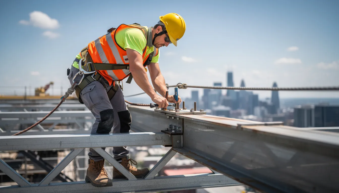 A construction worker, equipped with a safety helmet and harness, is working at an elevated height on a construction site, emphasizing the importance of safety to prevent workplace injuries. This scene highlights the potential risks of physical injuries that can occur in such environments, underscoring the need for proper training and safety measures to protect workers.