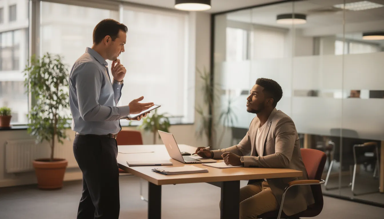 Two coworkers are engaged in a discussion in an office setting, possibly addressing workplace injuries or occupational diseases that may affect employees. This conversation could involve topics such as workers' compensation claims and the necessary medical treatment for injured workers.