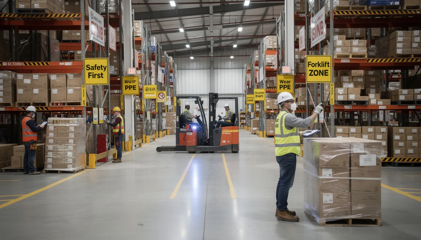 The image depicts a busy warehouse interior where workers are wearing safety gear and following workplace safety protocols, with visible safety signs promoting awareness of potential hazards. This environment emphasizes the importance of preventing workplace injuries and ensuring that injured employees can seek medical treatment and receive workers compensation benefits if necessary.