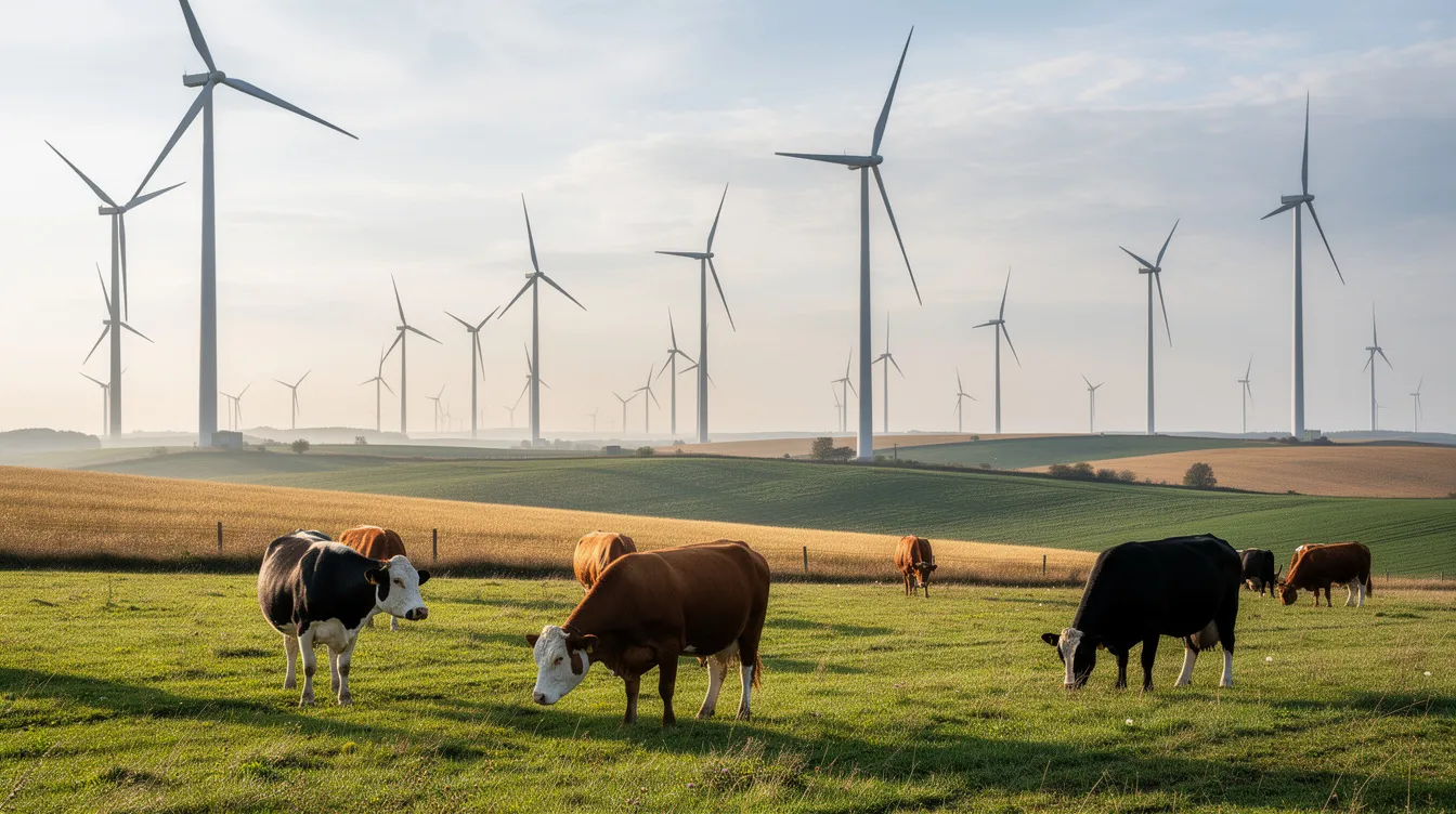 The image depicts a picturesque scene of wind turbines standing tall across a vast farmland, with cattle peacefully grazing beneath them. This setting highlights the integration of wind energy and agriculture, showcasing the harmony between renewable energy production and livestock farming.