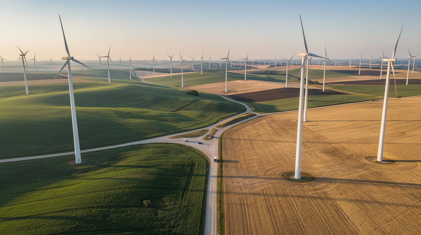 An aerial view showcases a vast wind turbine farm spread across rolling agricultural plains, with service roads connecting the individual turbines. This landscape highlights the integration of renewable energy sources, as the wind turbines harness wind power to generate electricity efficiently.