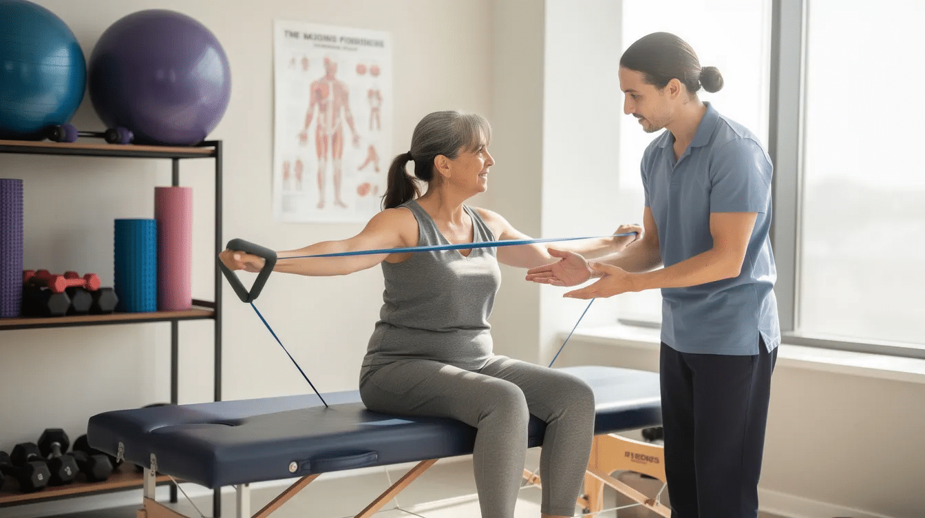 The image depicts a physical therapy session where a therapist is assisting a patient with exercises aimed at recovery from a workplace injury. This scene highlights the importance of seeking medical treatment and rehabilitation for injured workers to ensure proper recovery and access to workers compensation benefits.