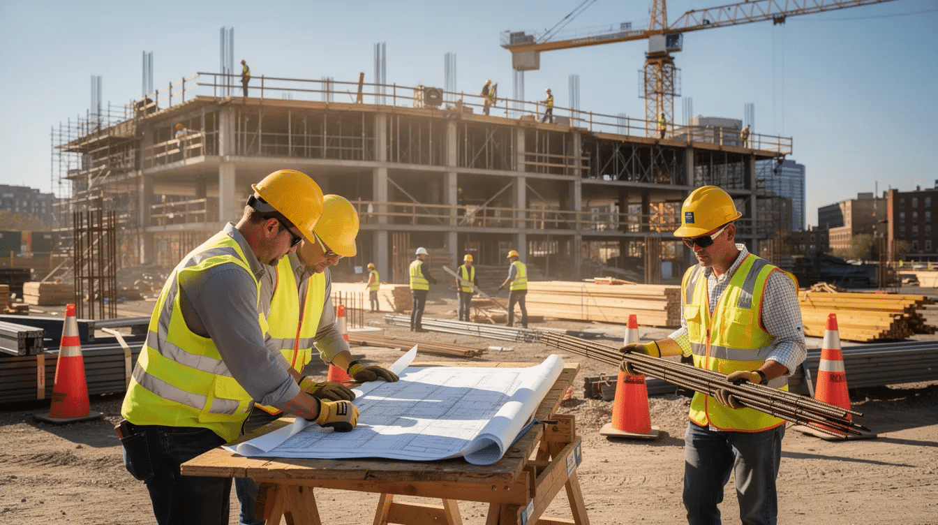 The image shows construction workers on a building site, all wearing hard hats and bright safety vests, emphasizing the importance of workplace safety and the use of personal protective equipment to prevent work-related injuries. These workers are engaged in their tasks, highlighting the need for occupational safety standards to minimize risks and protect against common injuries in the construction industry.
