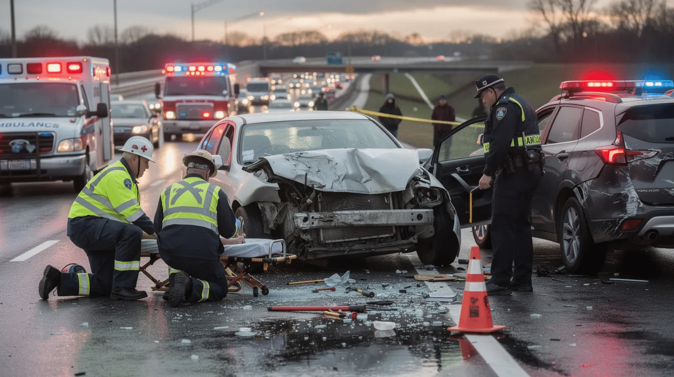 Attorney Accidents: How an Accident attorney Protects Your Rights and Maximizes Your Claim 1 The image depicts emergency responders at a car accident scene on a highway, with damaged vehicles and first responders attending to the situation. This scene highlights the critical role of personal injury lawyers in assisting car accident victims with their legal claims and navigating the complexities of insurance companies.