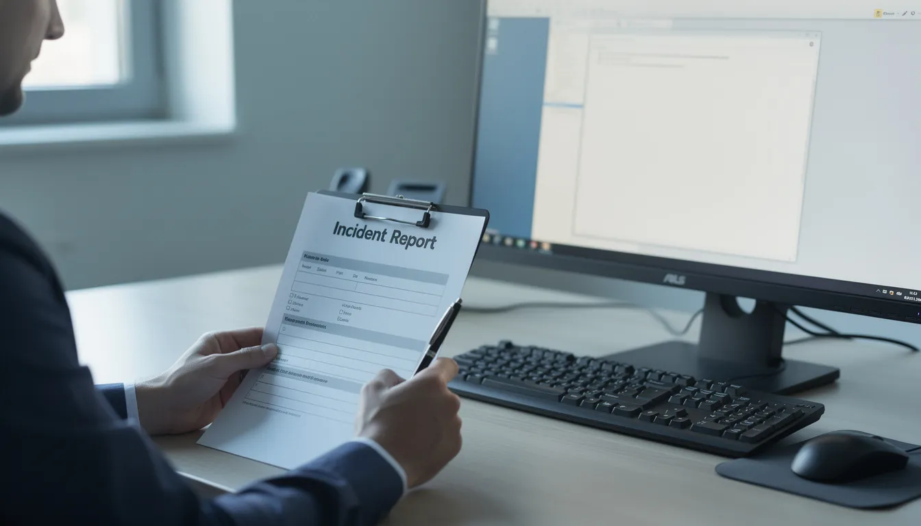 A person is seated at a desk, diligently filling out an incident report form related to a workplace injury, with a computer and various office supplies surrounding them. This scene highlights the importance of documenting work-related injuries to ensure proper workers compensation claims and benefits.