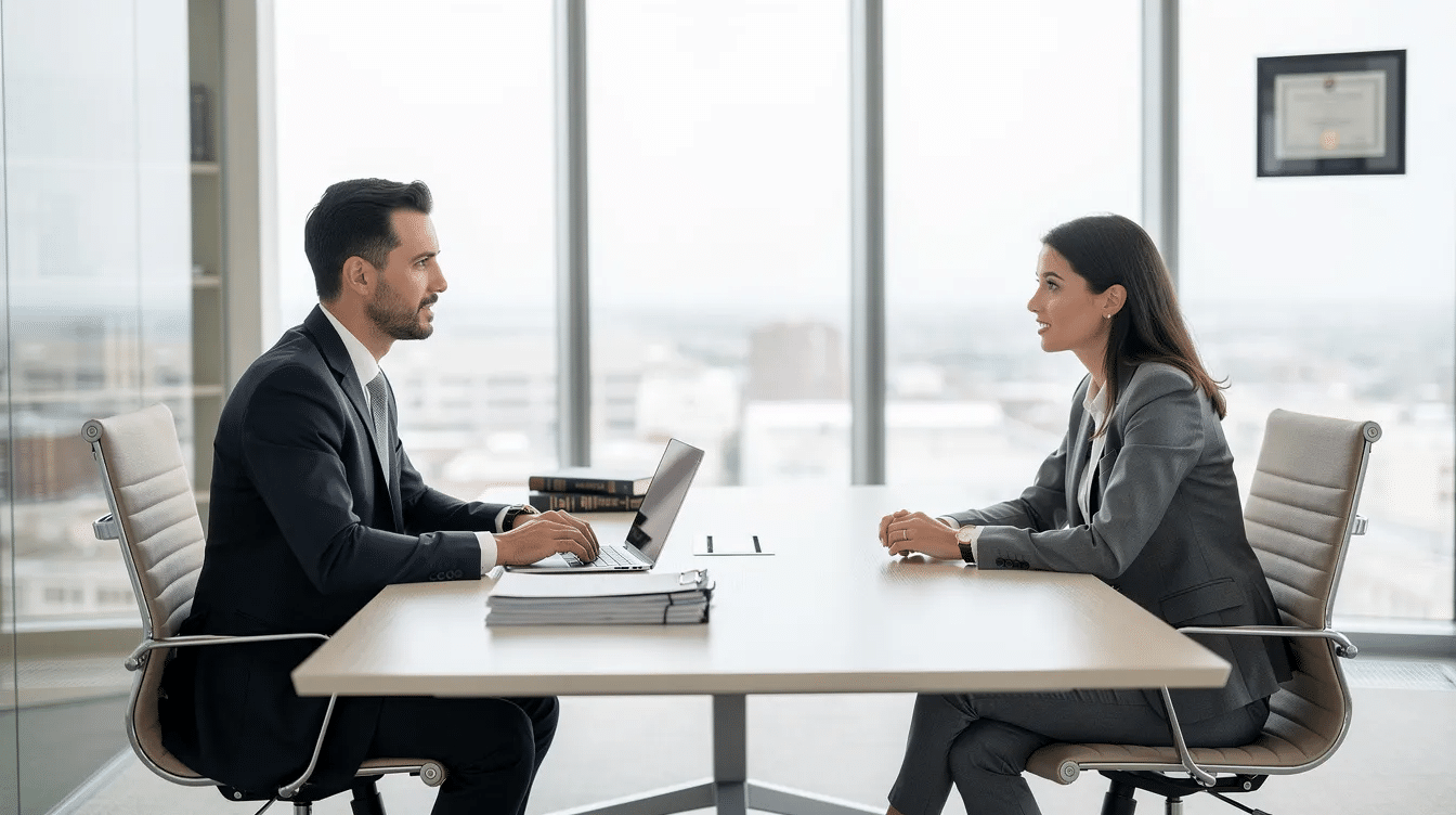 The image depicts a professional meeting between an attorney and a client in a modern office setting, where they discuss legal options related to asbestos exposure and potential mesothelioma lawsuits. The attorney appears engaged and supportive, emphasizing the importance of navigating the legal process for victims of asbestos-related diseases.