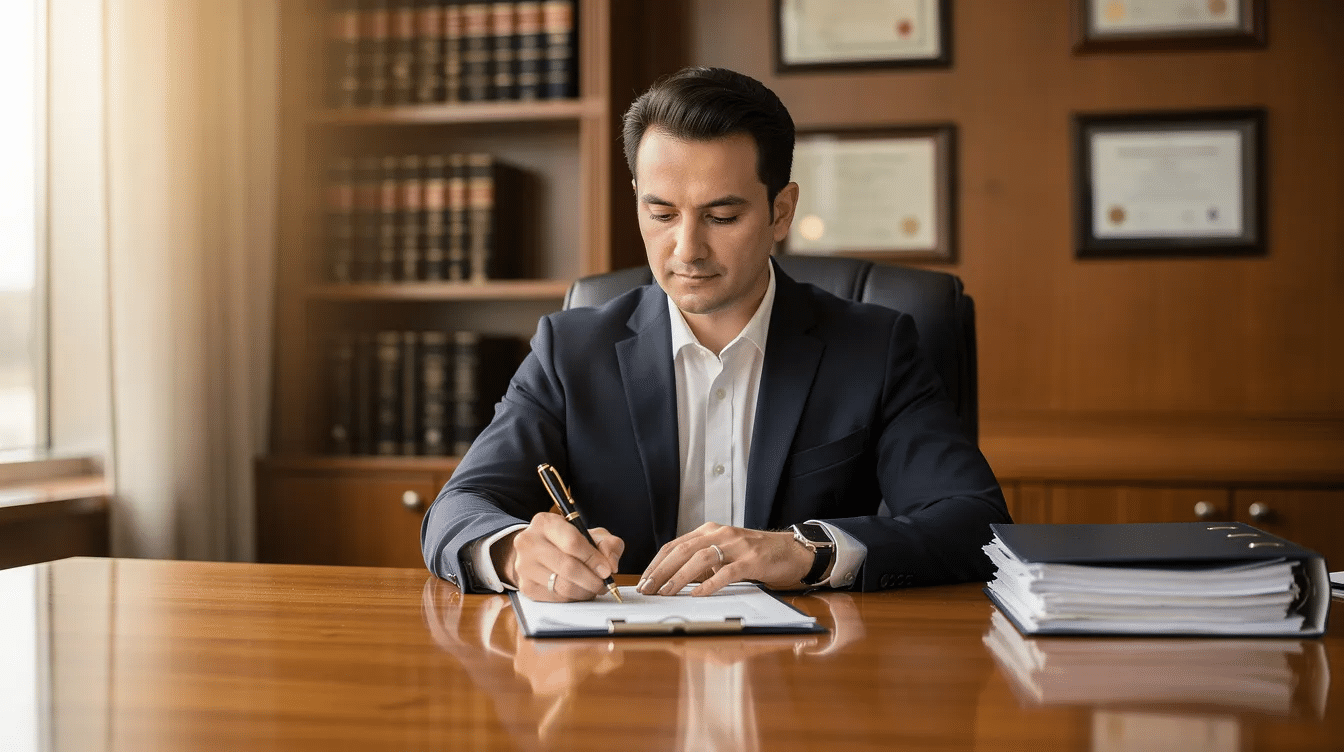 A confident legal professional is seated at a desk, meticulously reviewing documents related to asbestos litigation, possibly for clients affected by asbestos exposure or mesothelioma. The atmosphere conveys a sense of professionalism and dedication to pursuing justice for asbestos victims and their families.