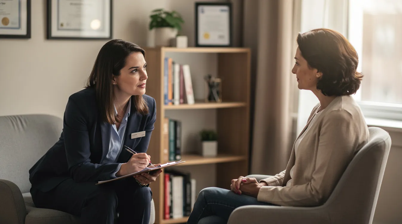 The image depicts a healthcare professional or counselor engaged in a consultation with a client, discussing important topics such as workplace rights and legal options related to wrongful termination and workplace discrimination. The setting conveys a sense of support and confidentiality, emphasizing the importance of pursuing justice for victims of workplace harassment and discrimination.