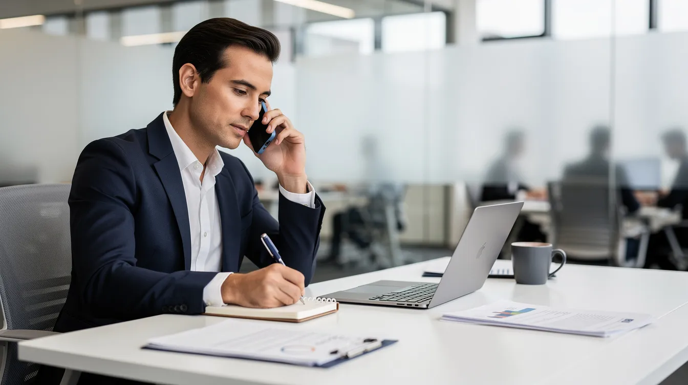 A professional individual is engaged in a phone call while diligently taking notes, likely discussing important topics related to employment law, such as workplace discrimination or wrongful termination. The setting suggests a focus on legal rights and workplace issues, emphasizing the importance of understanding one’s employment rights and options for pursuing justice.