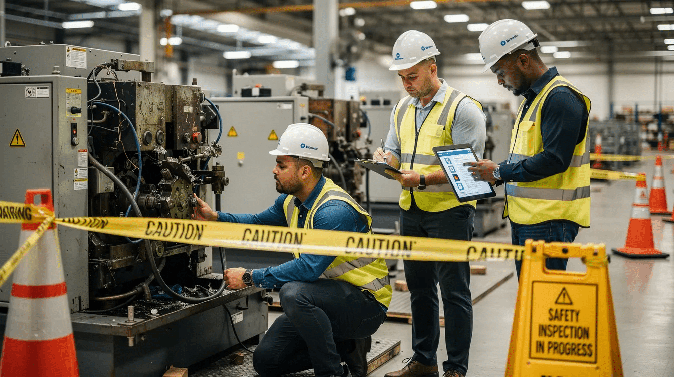 A workplace safety team is conducting an inspection of equipment following an incident, ensuring that all safety protocols are followed to prevent future accidents. They are documenting findings to create a comprehensive accident report for insurance purposes and to determine any necessary improvements.