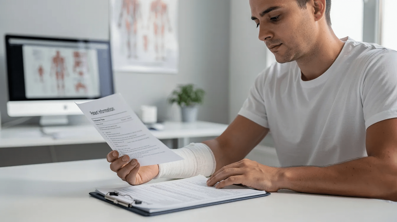 Lawyers for Auto Accidents: How the Right Car Accident Attorney Can Protect Your Claim 2 The image shows a person with a bandaged arm, attentively reviewing medical paperwork, likely related to their injuries from a car accident. This scene highlights the importance of understanding medical bills and the legal process for car accident victims seeking compensation for their injuries.