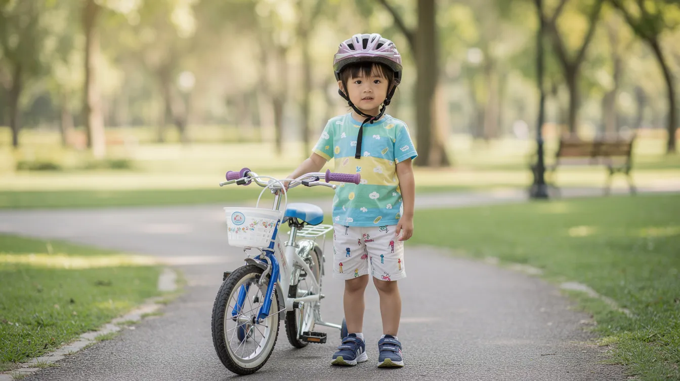 A child stands beside a bicycle in a park, wearing a bright bicycle helmet, emphasizing the importance of safety to prevent head injuries and traumatic brain injury while cycling. The scene highlights the protective measures taken to avoid severe traumatic brain injury during recreational activities.