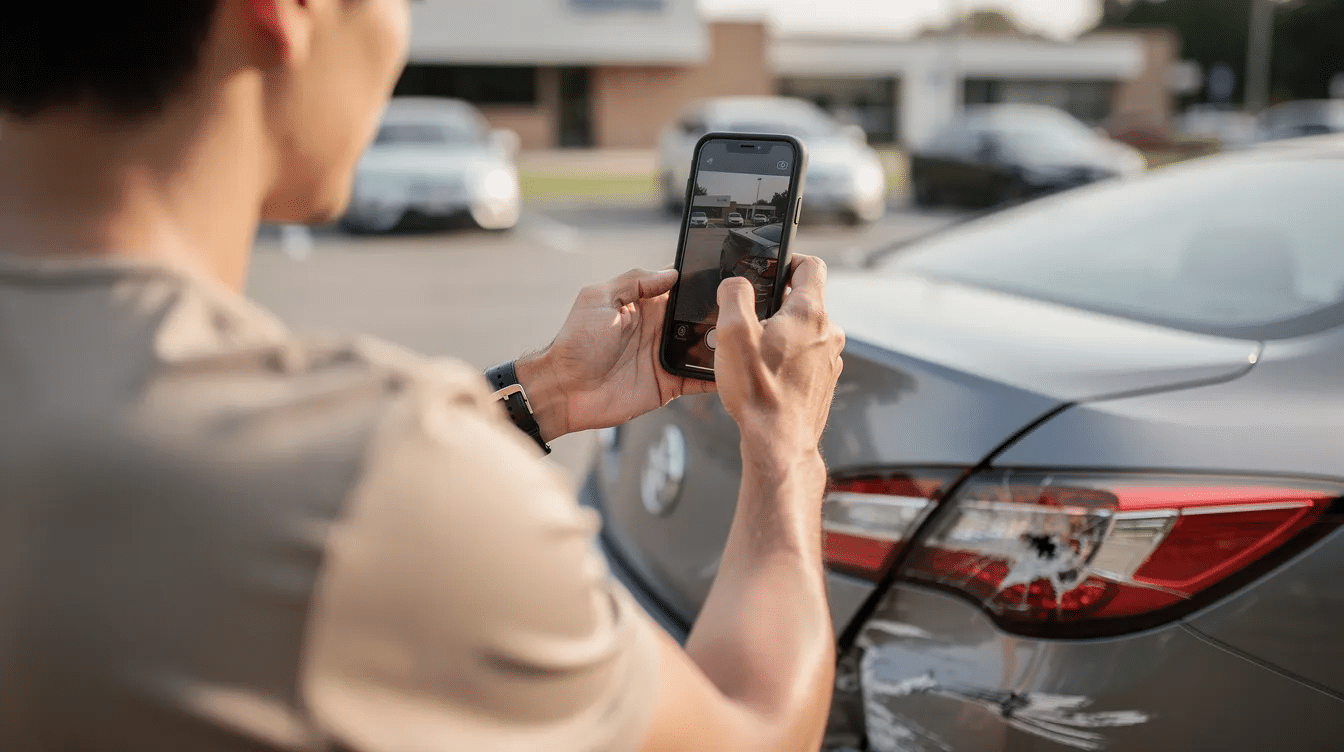 Lawyers for Auto Accidents: How the Right Car Accident Attorney Can Protect Your Claim 3 The image shows a person using a smartphone to document car damage after a car accident, highlighting the importance of gathering evidence for a car accident claim. This action can be crucial for accident victims seeking compensation for property damage and medical expenses.