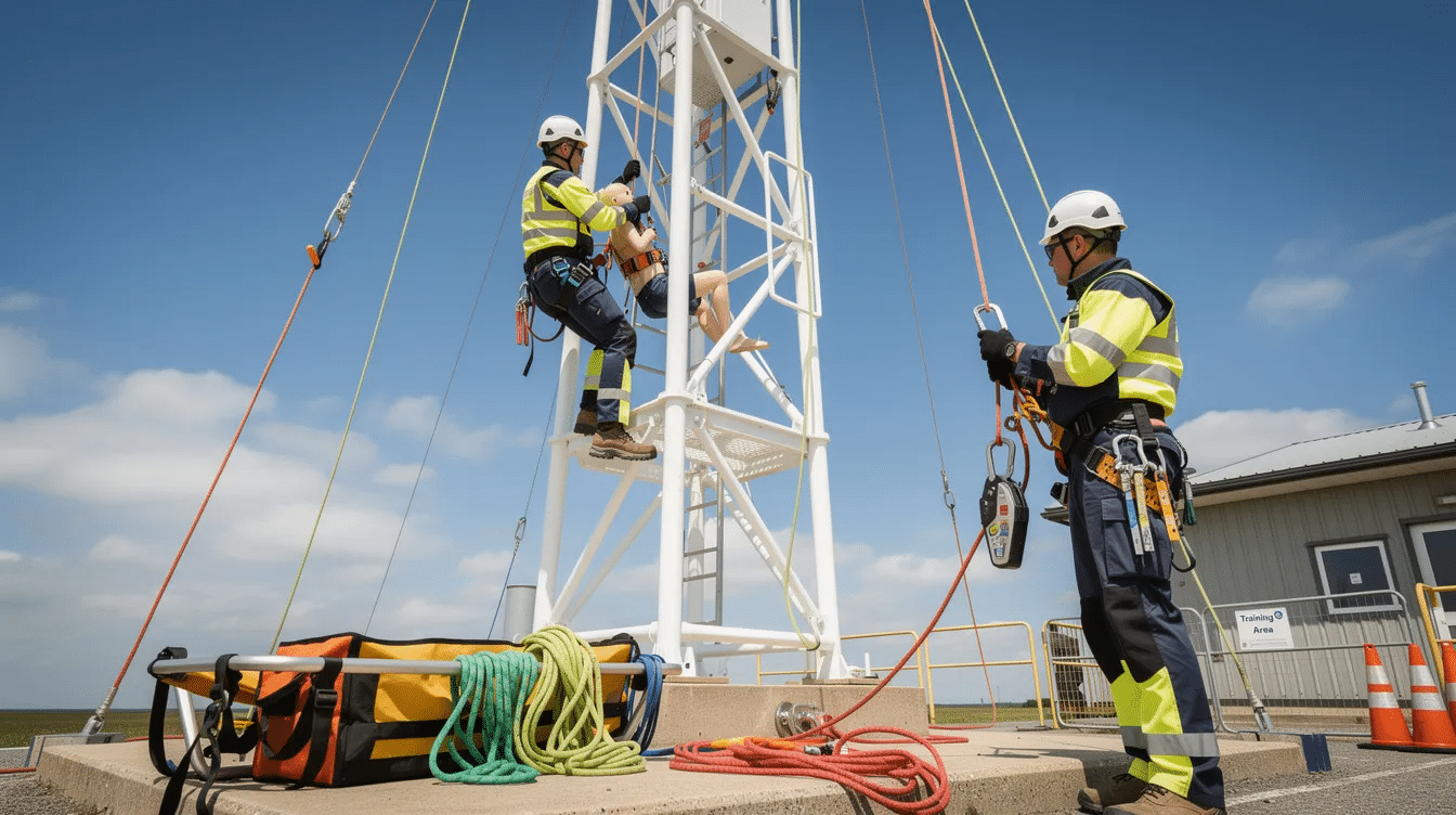 Wind Turbine Safety: Protecting Workers, Assets, and Renewable Energy Output 2 A wind energy technician is practicing rescue procedures on a training tower, equipped with safety gear and a ladder safety system, emphasizing the importance of proper training and safety protocols in the wind energy industry. The scene highlights the critical nature of maintaining safety standards for wind turbine workers amidst unique challenges posed by high winds and weather conditions.