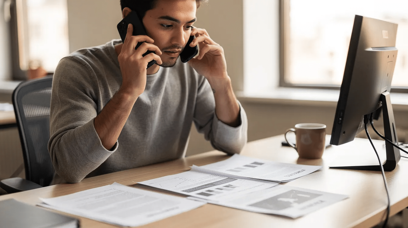 Lawyers for Auto Accidents: How the Right Car Accident Attorney Can Protect Your Claim 1 The image shows a person engaged in a phone call while reviewing papers on a desk, possibly related to a car accident case. This scene may involve discussions about medical bills, insurance claims, or gathering evidence for a personal injury case.