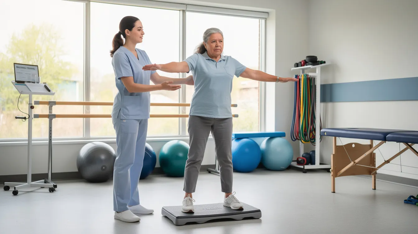 A rehabilitation therapist is assisting an adult with balance exercises in a clinic, focusing on improving stability and coordination, which can be crucial for individuals recovering from traumatic brain injuries. The supportive environment aims to address physical symptoms and enhance overall brain function during the rehabilitation process.
