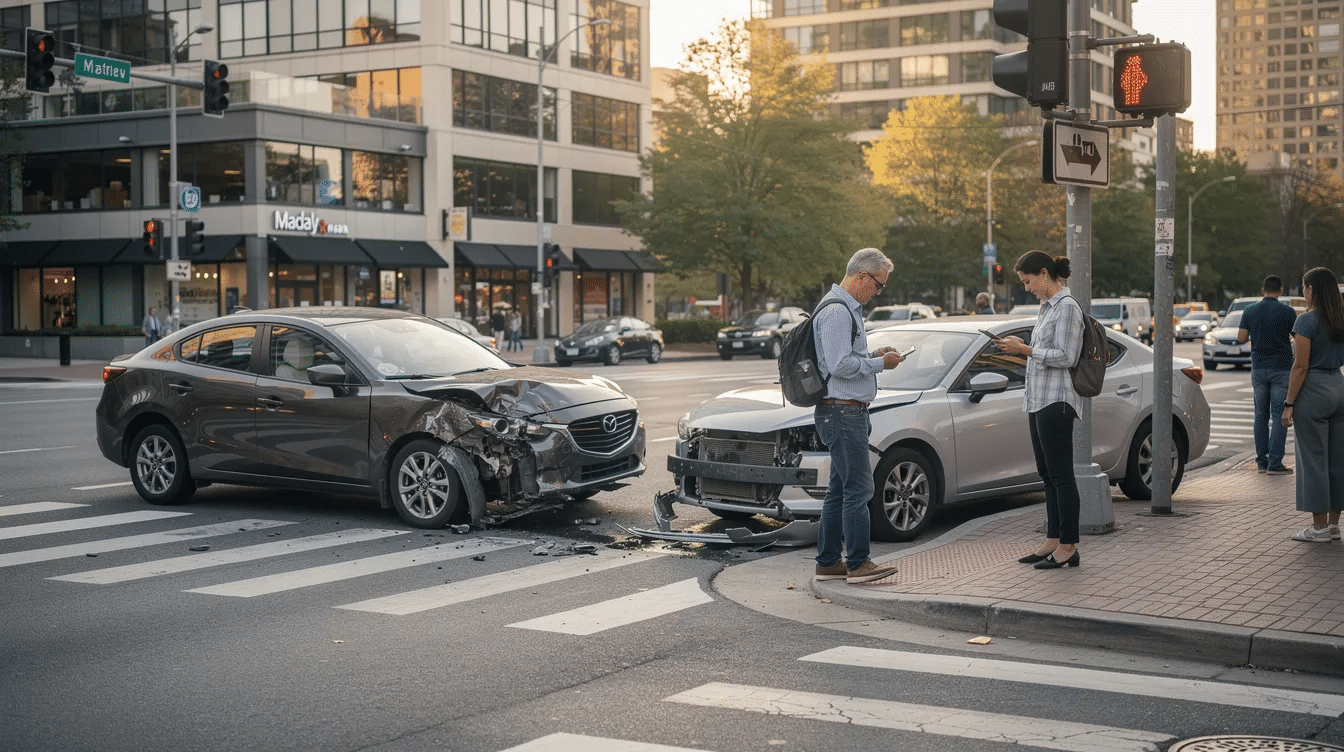 Two drivers stand safely near their damaged cars after a collision at a city intersection, discussing the accident details while waiting for law enforcement to arrive and complete a crash report. The scene highlights the importance of exchanging information and ensuring safety following a car accident.