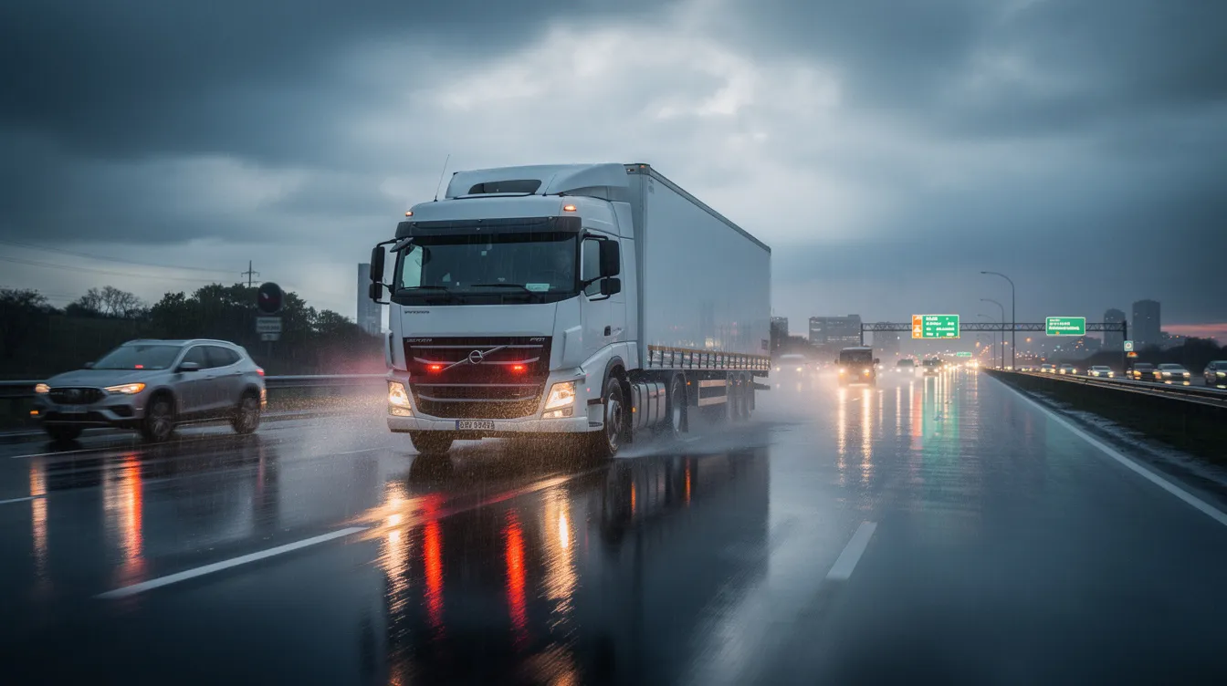 A large semi-trailer truck drives along a rain-slicked highway, surrounded by various passenger vehicles, highlighting the potential dangers of commercial truck accidents. This scene emphasizes the importance of experienced truck accident attorneys in Houston for victims seeking justice and compensation after such incidents.