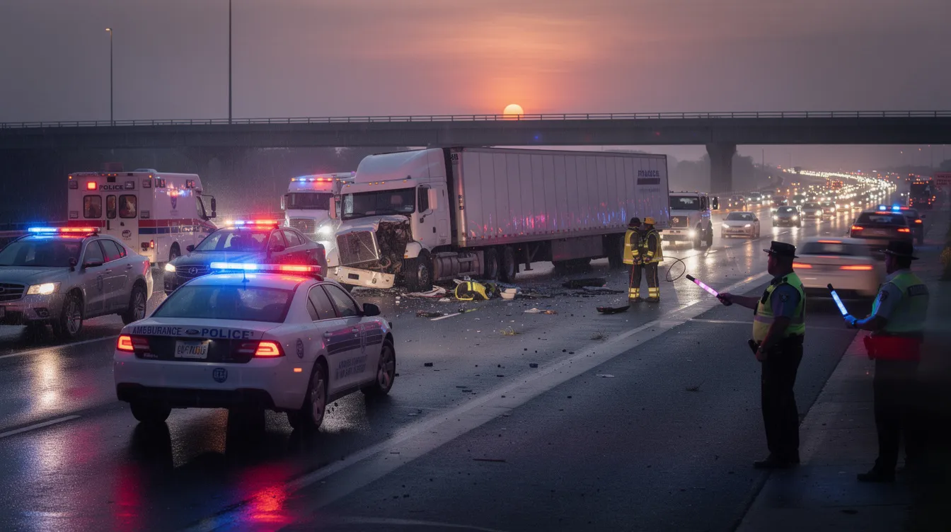 The image depicts emergency vehicles and police responding to a truck accident on a highway during dusk, highlighting the seriousness of commercial truck accidents. The scene captures the urgency of the situation as first responders assist truck accident victims and assess the scene for potential liability in this tragic incident.