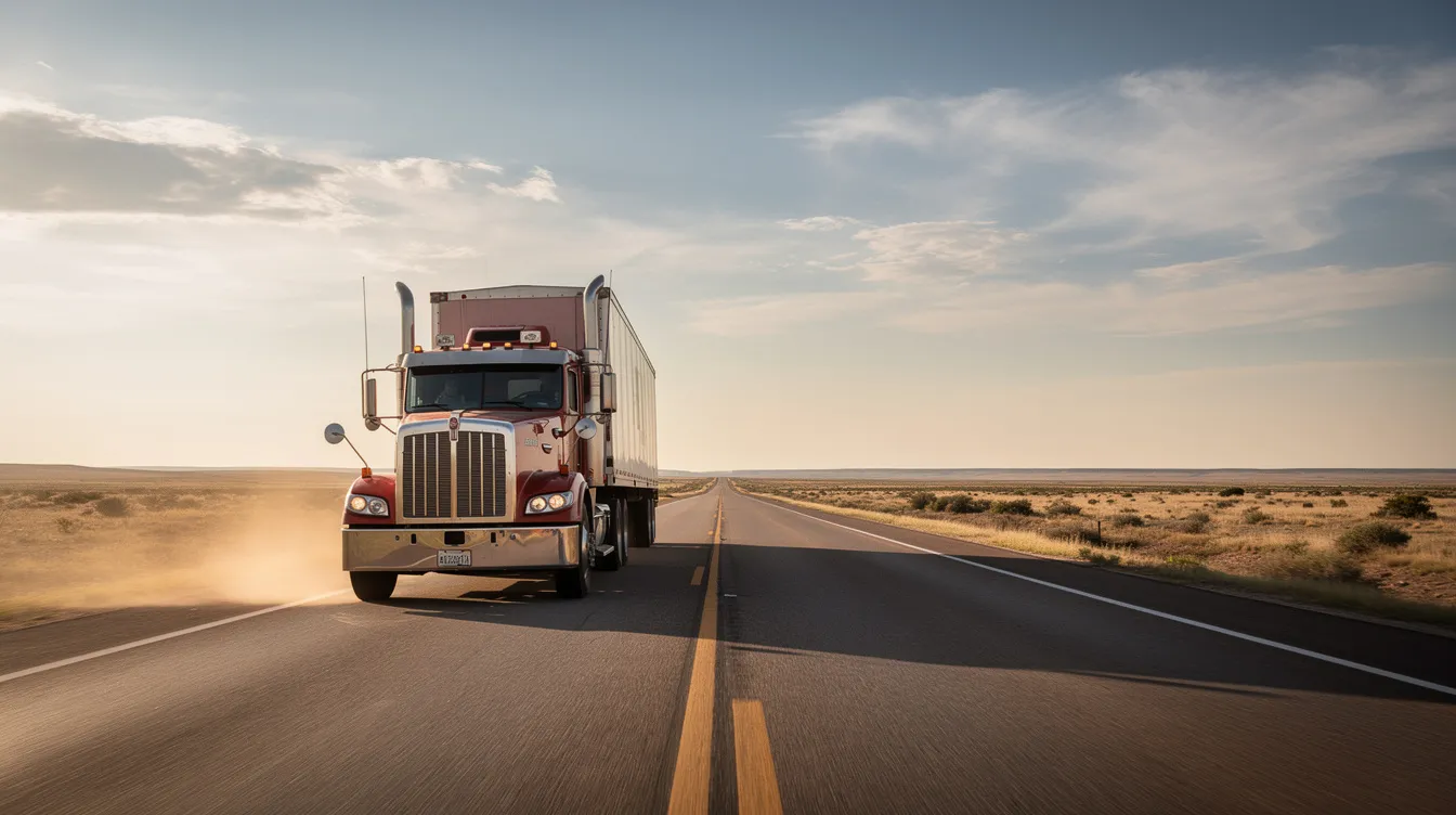 An 18-wheeler truck is driving along a long, straight Texas highway, surrounded by flat terrain that stretches into the distance. This scene reflects the common sight of large commercial vehicles on Texas roads, where personal injury attorneys often handle cases related to truck accidents and the legal process involved in seeking compensation for injury victims.