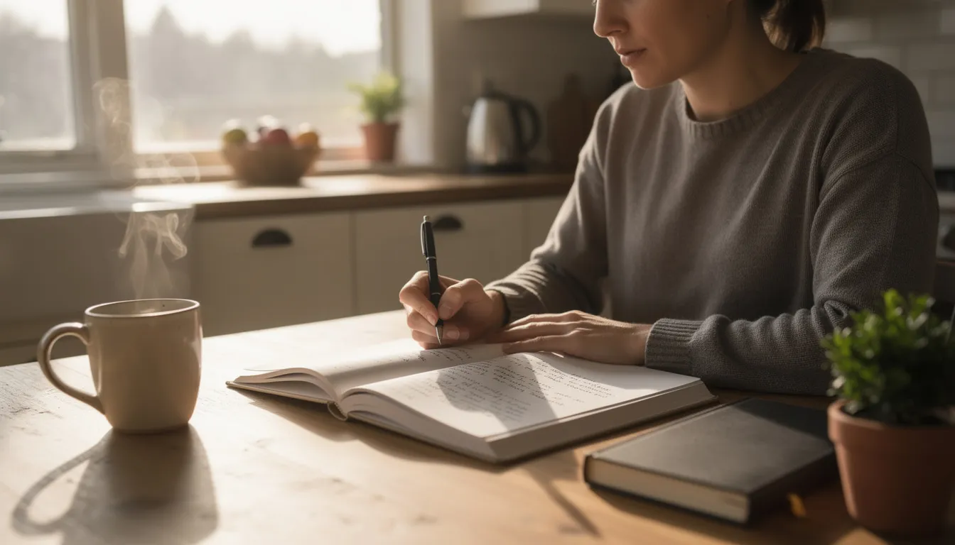 A person is seated at a kitchen table near a window, diligently writing notes in a journal, surrounded by a warm and inviting atmosphere. The scene evokes a sense of calm and focus, contrasting the potential stress and health complaints related to wind turbine noise experienced by residents living near wind farms.