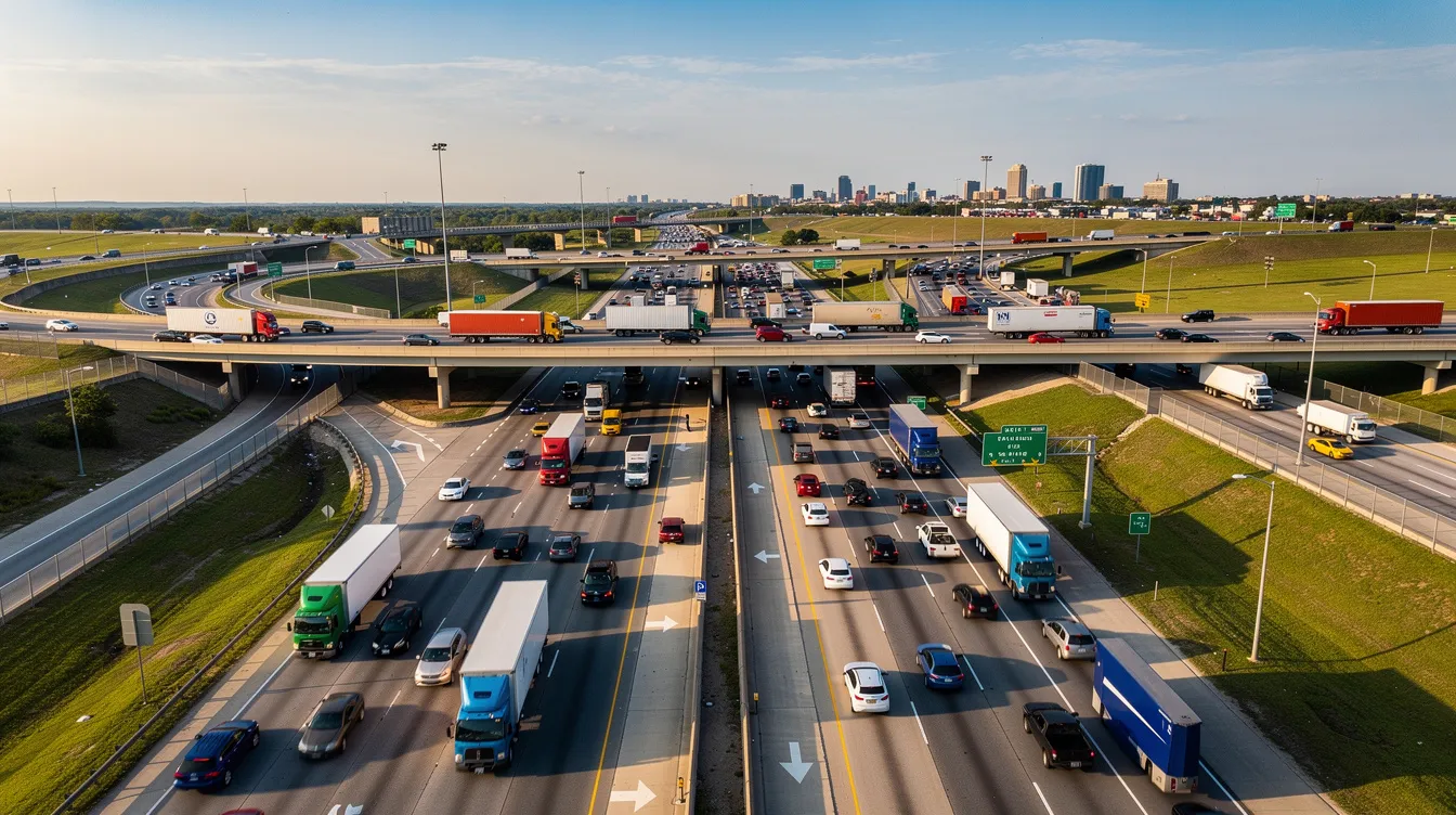 Injury Lawyers in Dallas: How to Choose the Right Dallas Personal Injury Attorney 2 The image depicts a busy multi-lane highway interchange filled with semi-trucks and passenger vehicles, showcasing the bustling traffic typical of urban areas like Dallas, TX. This scene highlights the importance of experienced personal injury lawyers who can assist accident victims in navigating the legal process and pursuing fair compensation for their injuries.