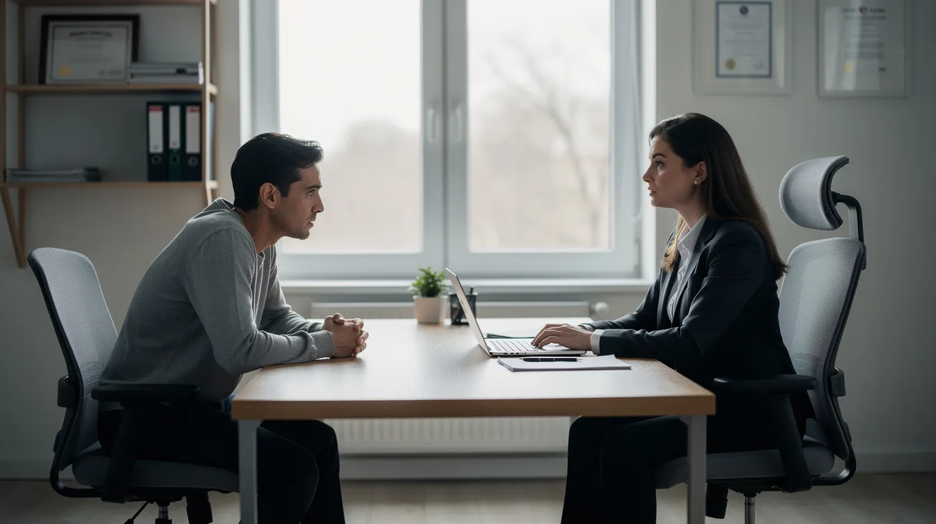 Car Accident Lawyers in Houston: Protect Your Injury Claim 3 The image depicts a person sitting across a desk from a professional in an office, engaged in a serious conversation about a personal injury claim. The setting suggests a discussion about legal options and the process of seeking compensation for injury cases, emphasizing the importance of experienced trial lawyers in navigating the legal system.