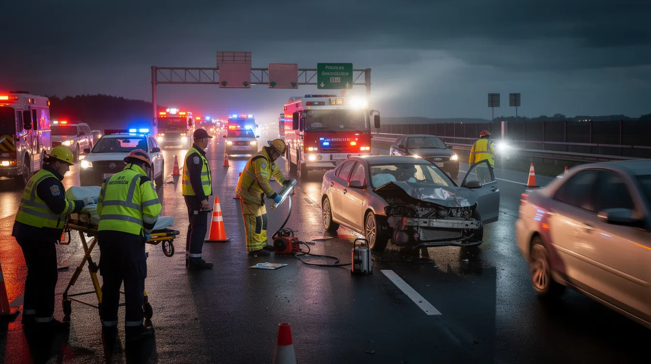 Hit By a Semi Truck: What To Do Next, Who May Be Liable, and How to Protect Your Claim 2 The image depicts emergency vehicles and first responders at a truck accident scene on a highway, where a semi truck has collided with a passenger vehicle. First responders are attending to accident victims, while police officers gather evidence for the police report and assess the serious injuries sustained in the crash.
