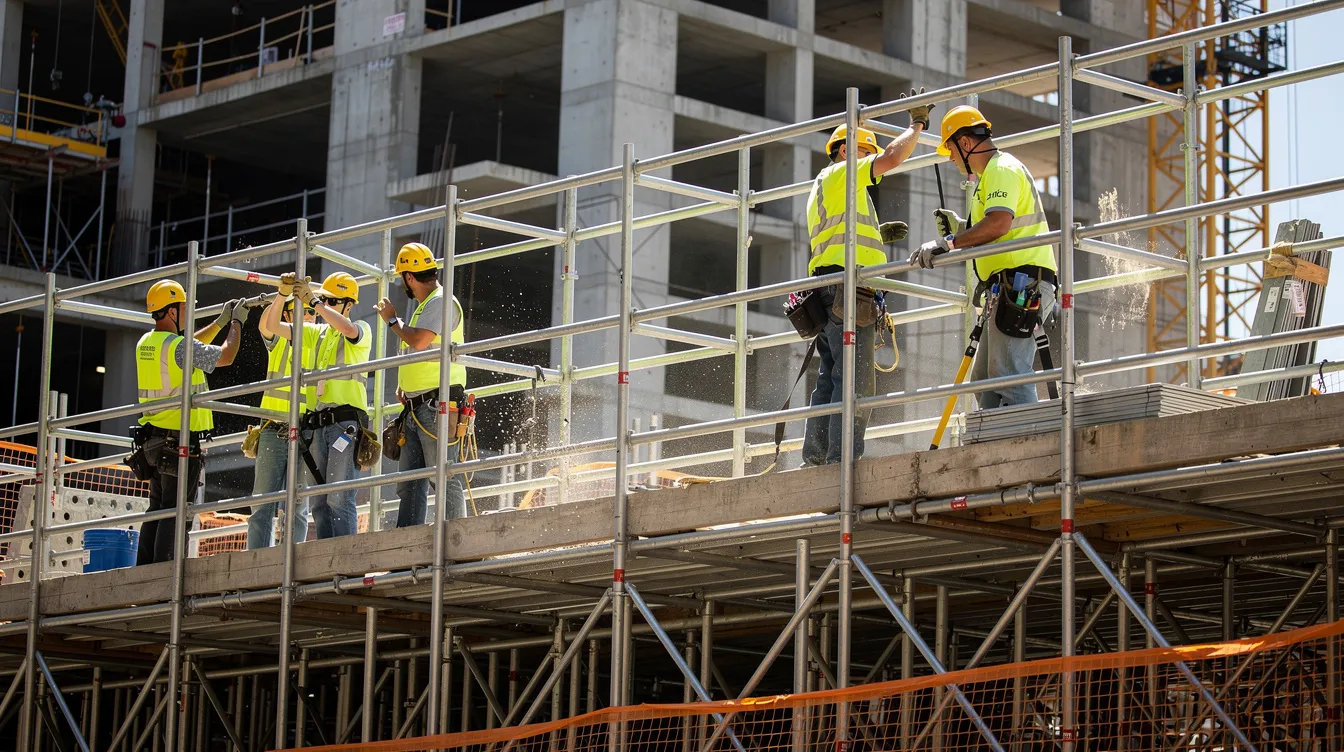 Personal Injury Attorney Dallas Texas: Your Guide to Choosing the Right Lawyer After a Serious Accident 2 The image depicts a busy construction site with several workers wearing hard hats and safety vests as they navigate steel scaffolding, highlighting the importance of safety in construction environments. Such workplaces can be prone to accidents, making it vital for personal injury attorneys in Dallas to assist injured workers in navigating their personal injury claims and securing fair compensation for any injuries sustained.