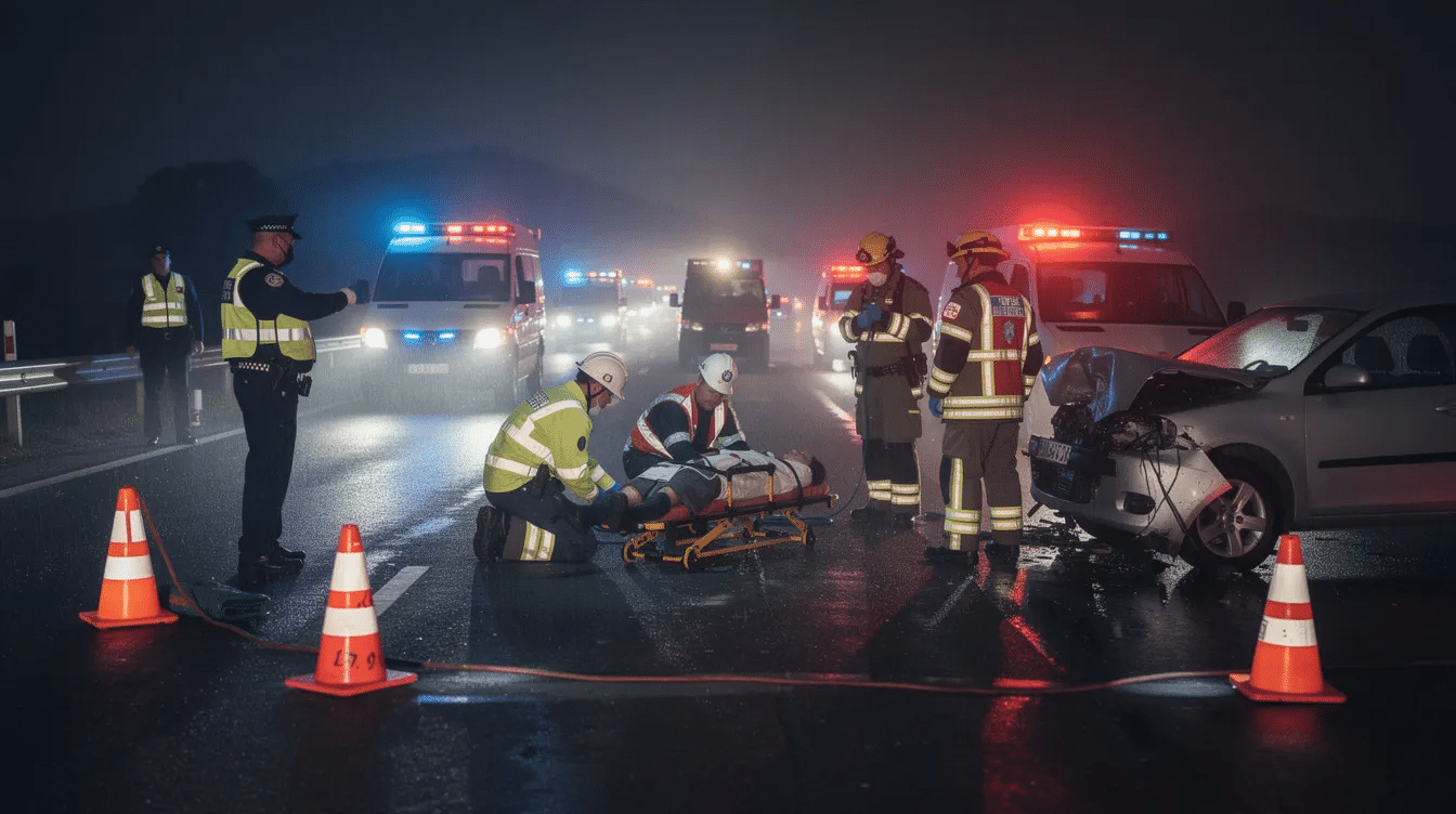 Emergency responders are attending to a highway accident scene at night, where a truck has crashed into a guardrail. The area is illuminated by flashing lights and surrounded by traffic cones, while the driver is being assisted by the responders.