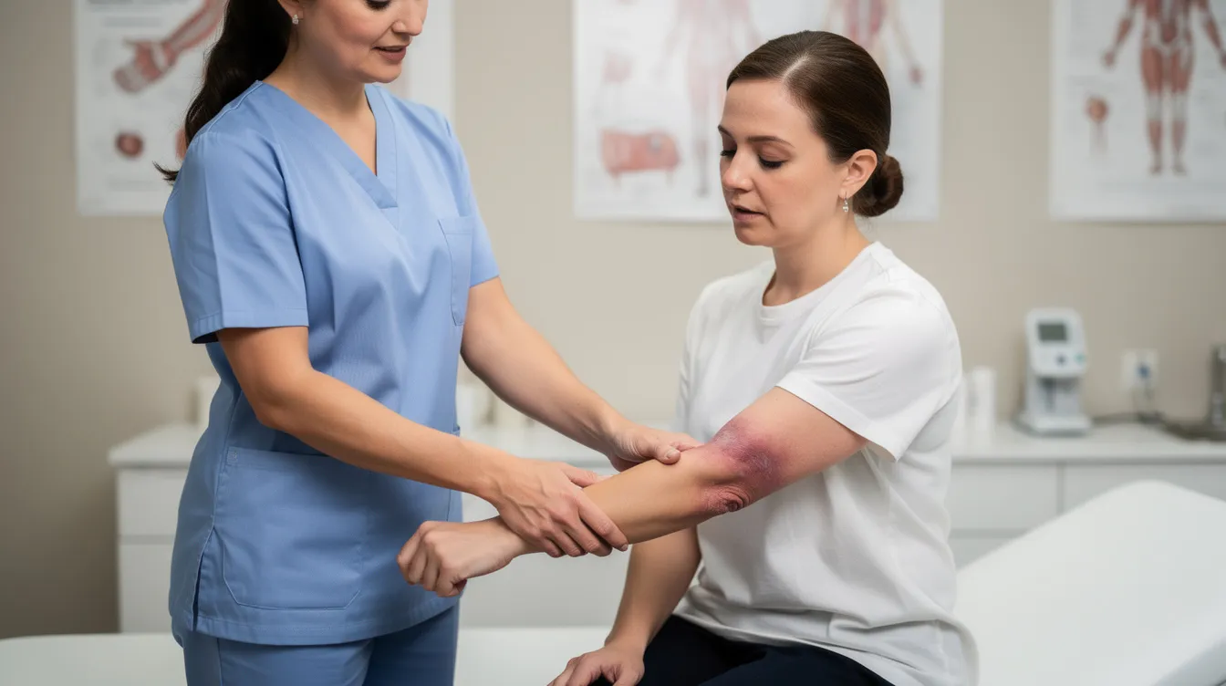 A medical professional is examining a patient's injured arm in a clinical setting, focusing on assessing the extent of the workplace injuries. This scene highlights the importance of medical care for injured workers who may need to file a workers compensation claim to cover their medical expenses and lost wages.