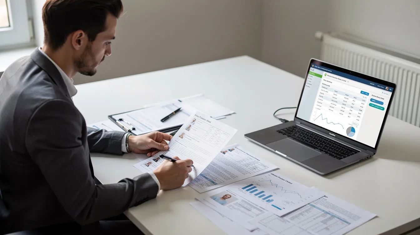 The image shows a person seated at a desk, carefully reviewing documents and medical records while a laptop is open in front of them. This scene likely represents the process of a personal injury claim, where individuals assess key evidence and medical expenses related to their case.