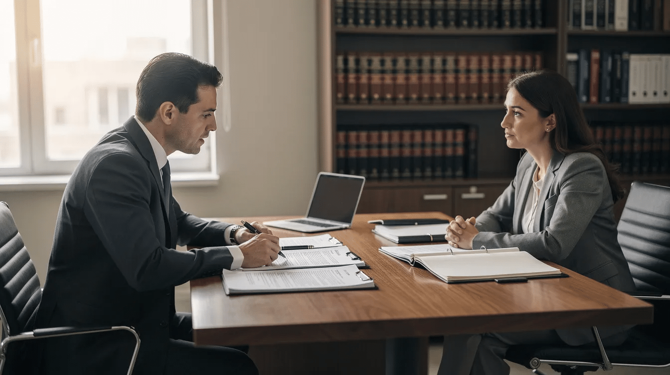Top Reasons To Get A Houston Burn Injury Lawyer 3 A lawyer sits at a desk, reviewing documents while discussing burn injury claims with a client across the table. The scene captures the serious nature of personal injury cases, particularly for burn injury victims seeking legal guidance for their recovery and compensation.