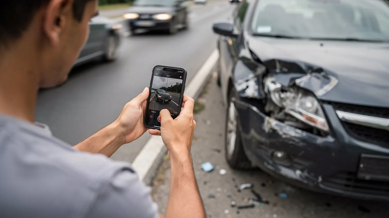 A person stands at a roadside accident scene, using a smartphone to photograph the damage to a vehicle. Nearby, the Houston police are present, likely assessing the situation on a Sunday in July 2026.