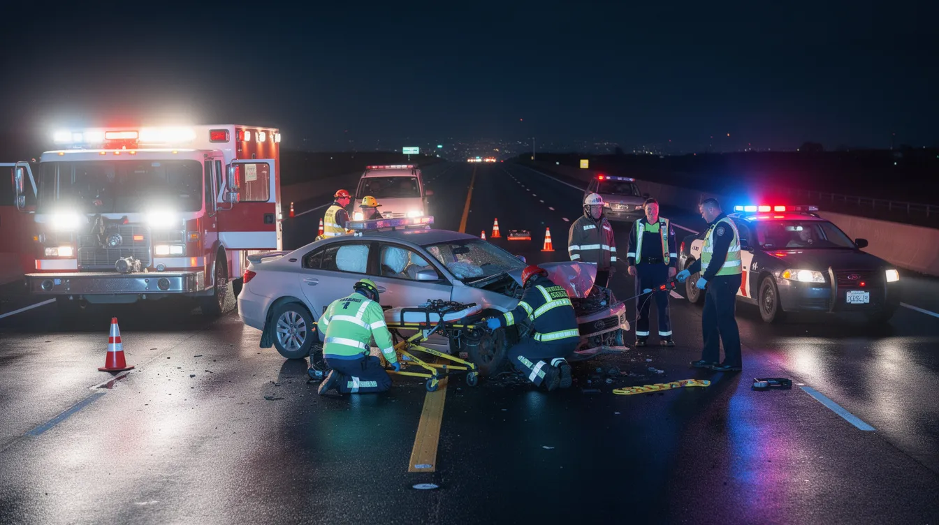 Emergency response vehicles are illuminated at a nighttime car accident scene on a highway, with first responders attending to the situation. The scene highlights the urgency of personal injury cases and the importance of having a skilled car accident attorney in Houston to help victims navigate the aftermath of such serious accidents.