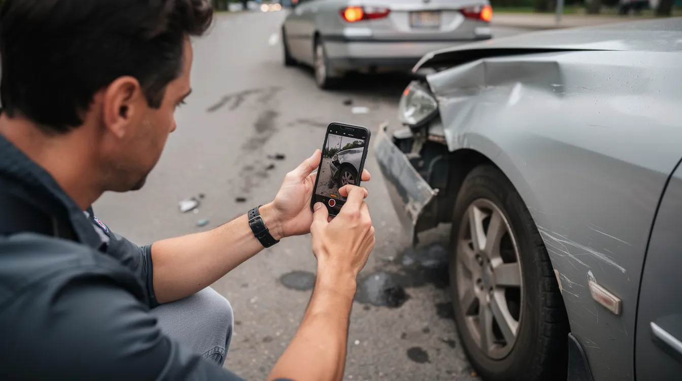 Personal Injury Law Firm in Houston: How to Choose the Right Lawyer and Protect Your Claim 4 A person is using a smartphone to photograph vehicle damage at an accident scene, capturing crucial evidence for potential personal injury claims. This documentation is essential for injury victims seeking fair compensation in their Houston personal injury cases.