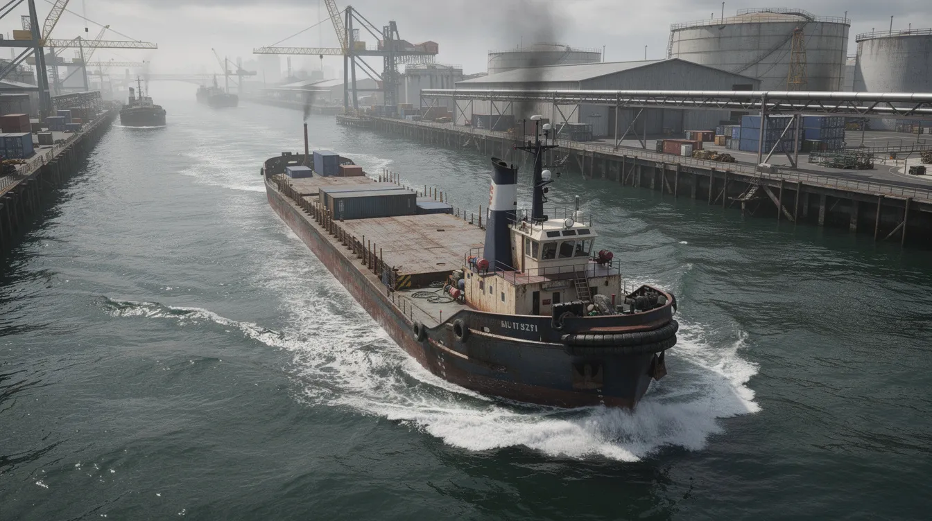 The image depicts a working tugboat skillfully pushing a barge through an industrial waterway, highlighting the vital role of maritime workers in the maritime industry. This scene reflects the complexities of maritime law and the importance of legal representation for those involved in maritime accidents and litigation.