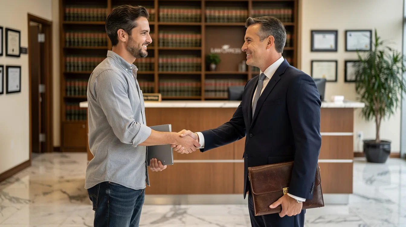Attorney for Personal Injuries: How to Choose the Right Lawyer and Maximize Your Injury Claim 3 The image depicts a person shaking hands with a professional in a law office lobby, symbolizing the beginning of a partnership in pursuing a personal injury claim. This interaction suggests a focus on securing financial compensation for injuries sustained in accidents, highlighting the importance of experienced attorneys in navigating the legal process.