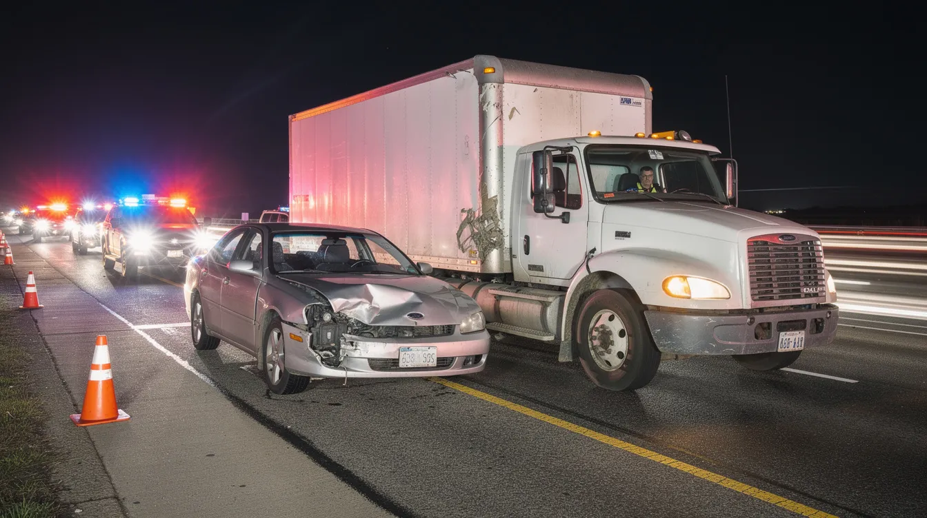 Personal Injury Law Firm in Houston: How to Choose the Right Lawyer and Protect Your Claim 2 The image depicts a damaged sedan alongside a large commercial truck on the shoulder of a highway, with emergency lights flashing. This scene highlights the aftermath of a motor vehicle accident, emphasizing the importance of seeking legal representation from experienced personal injury lawyers in Houston for those affected by such serious injuries.