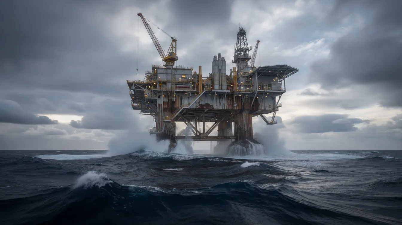 The image depicts an offshore oil platform standing tall amidst choppy ocean waves, under a dramatic cloudy sky. This scene highlights the maritime industry, where maritime lawyers often address legal issues related to offshore operations and maritime accidents.