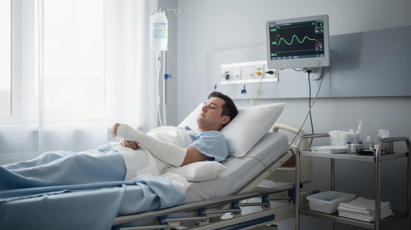 Attorney for Personal Injuries: How to Choose the Right Lawyer and Maximize Your Injury Claim 2 The image shows a person lying in a hospital bed with a cast on their arm, surrounded by medical equipment. This scene may evoke thoughts of personal injury cases and the importance of seeking legal assistance, such as a personal injury attorney, to recover financial compensation for medical expenses and lost wages.