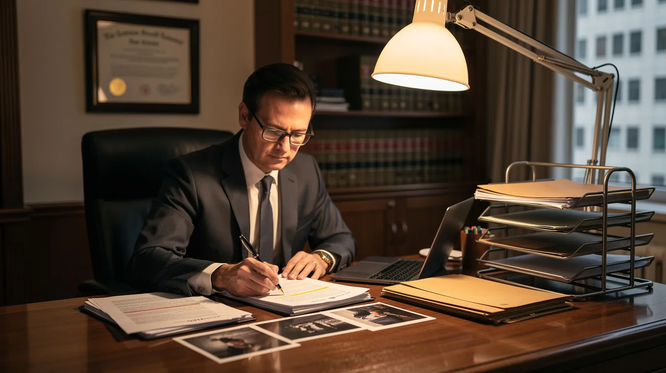 Personal Injury Lawyers: How The Morgan Legal Group, PLLC Fights for Your Recovery 3 An experienced personal injury attorney is seated at a desk, meticulously reviewing documents and photographs related to personal injury cases. The attorney is focused on gathering evidence to support their clients' claims for financial compensation in the event of serious injuries caused by someone else's negligence.