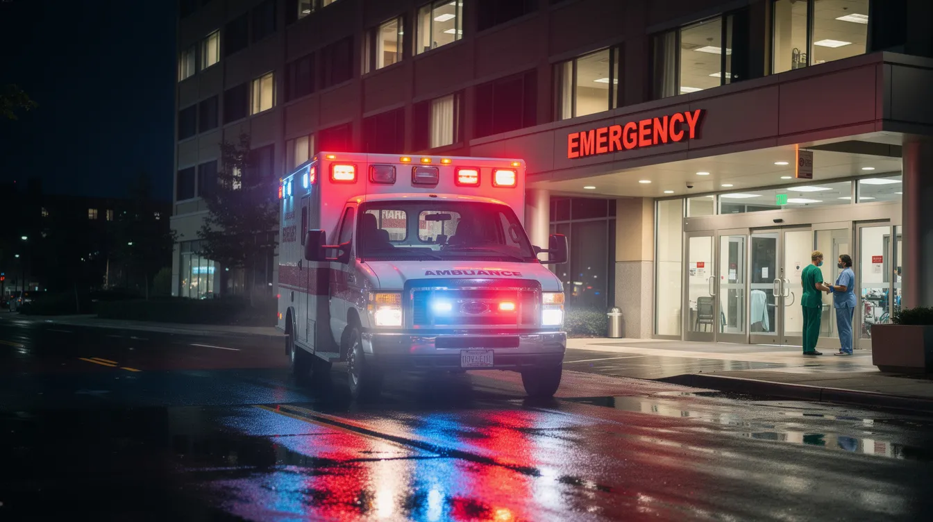 Hemorrhage Brain Symptoms: Recognizing a Brain Bleed and What to Do Next 1 An ambulance with flashing lights is arriving at the hospital emergency room entrance at night, signaling a medical emergency that may involve severe symptoms such as a brain hemorrhage or head trauma. The scene highlights the urgency of immediate medical attention for conditions like brain bleeds, which can lead to life-threatening complications if not treated promptly.